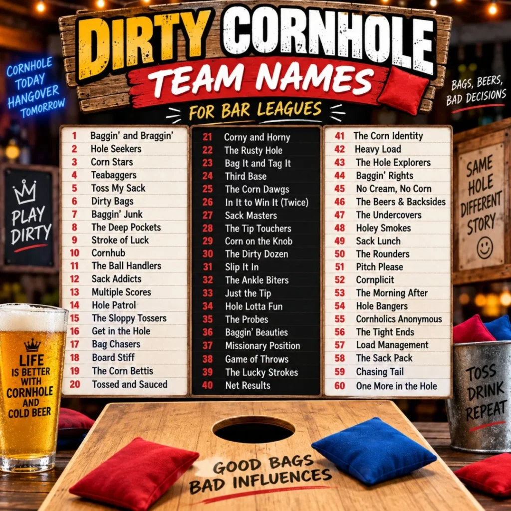 Dirty cornhole team names for bar leagues on a colorful beer-themed poster