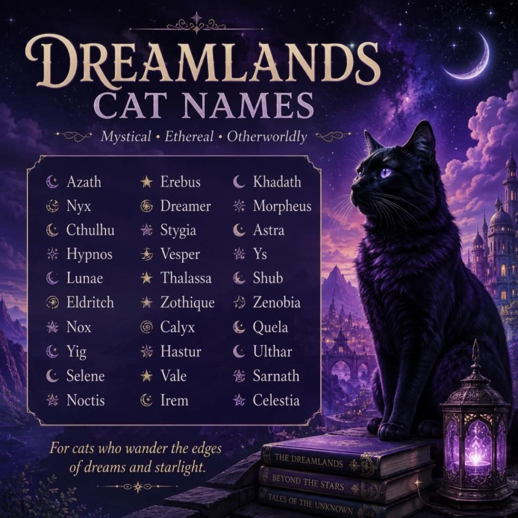 Dreamlands cat names featuring mystical names, a black cat, stars, moonlight, and a fantasy city.