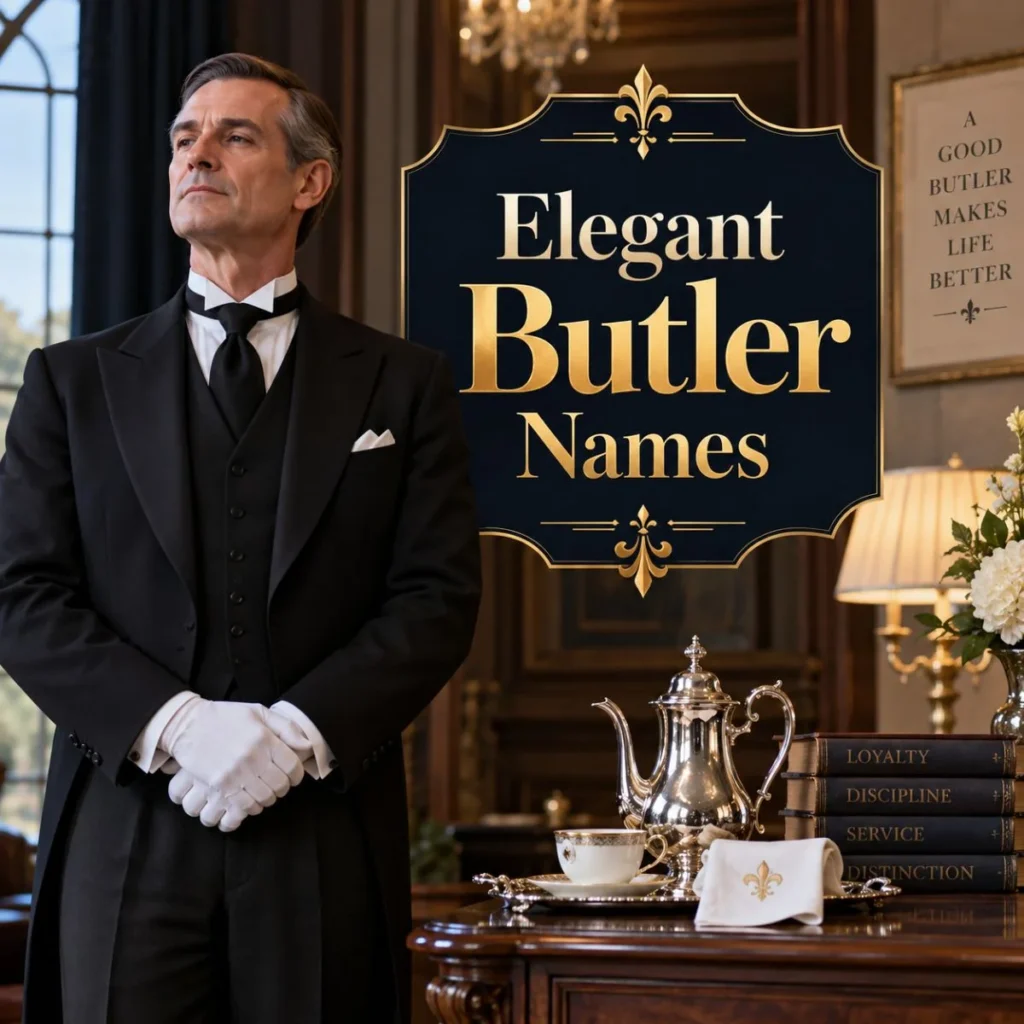 Elegant butler in a formal tailcoat beside a luxury panel featuring elegant butler names