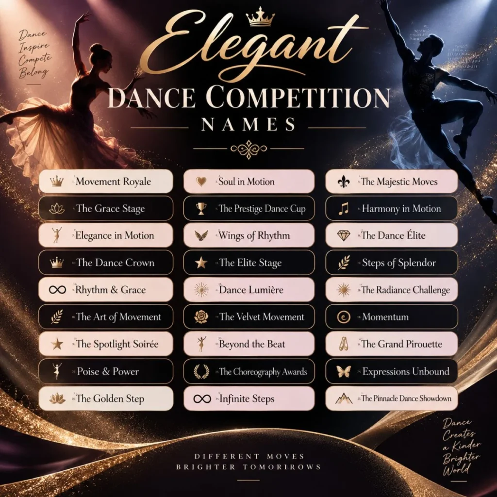 Elegant dance competition names displayed on a luxurious gold and black dance event poster