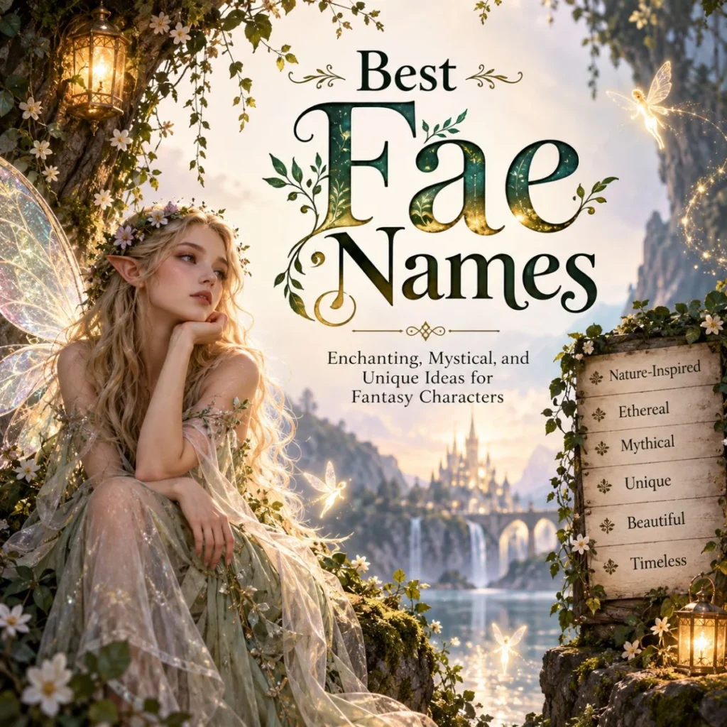 Enchanted fairy in a magical forest with a castle and “Best Fae Names” title