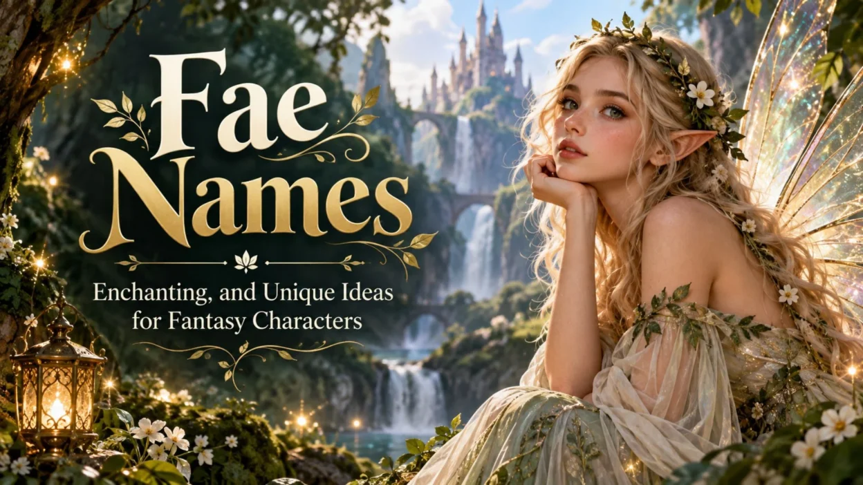Enchanting fae fairy with glowing wings in a magical forest beside waterfalls and a fantasy castle