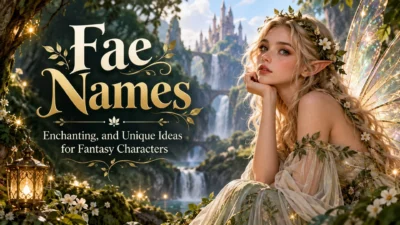 Enchanting fae fairy with glowing wings in a magical forest beside waterfalls and a fantasy castle