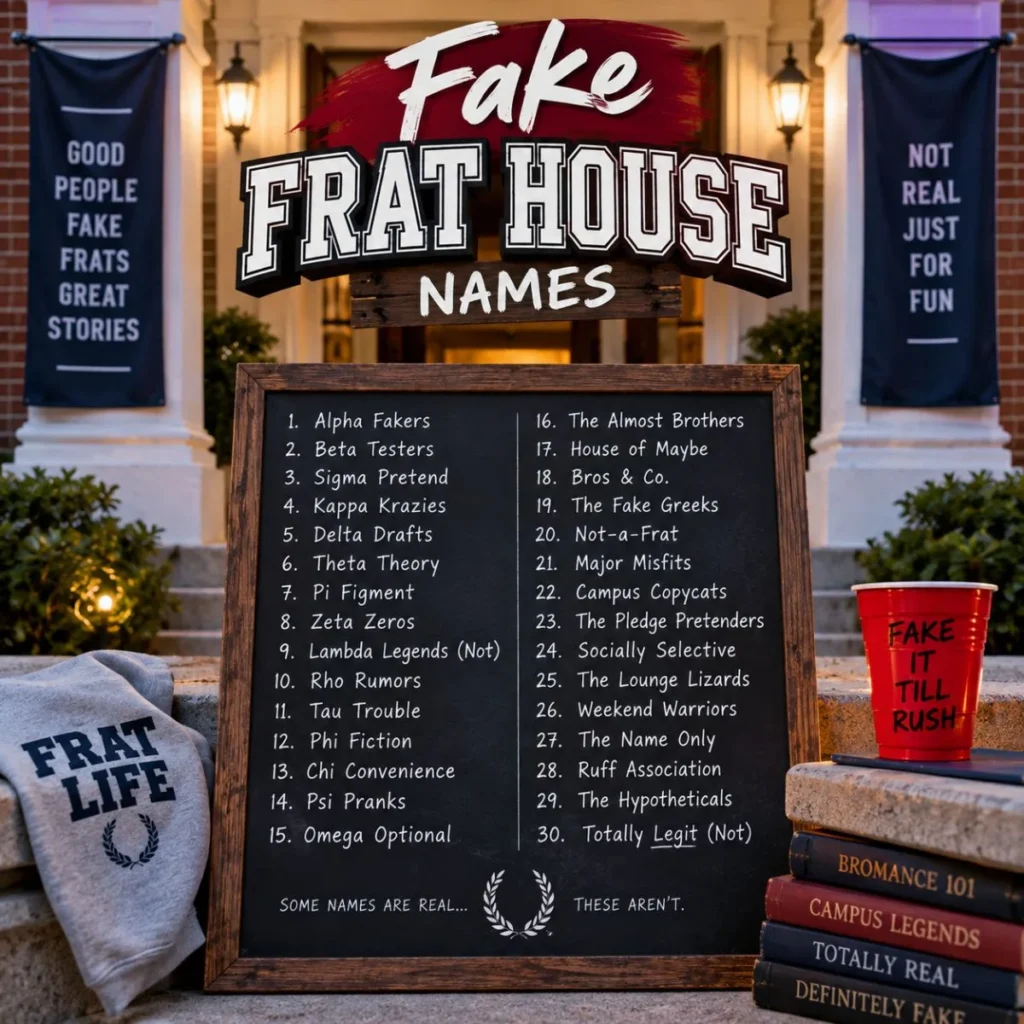 Fake frat house names displayed on a chalkboard outside a college fraternity house