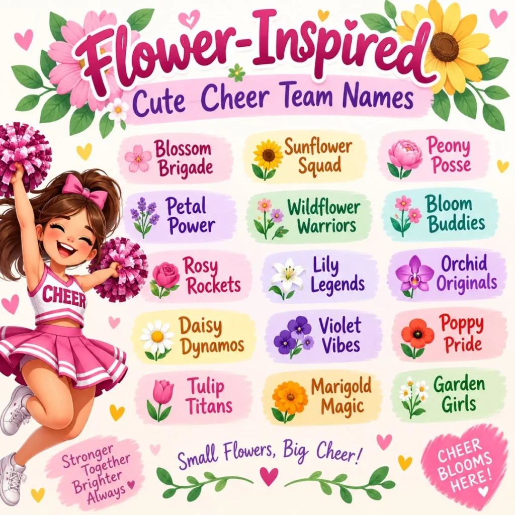 Flower-inspired cute cheer team names with a cheerful girl and colorful floral designs
