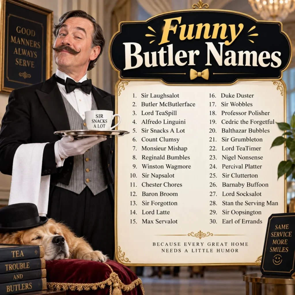 Funny butler names displayed on an elegant mansion-themed poster with a smiling butler and dog