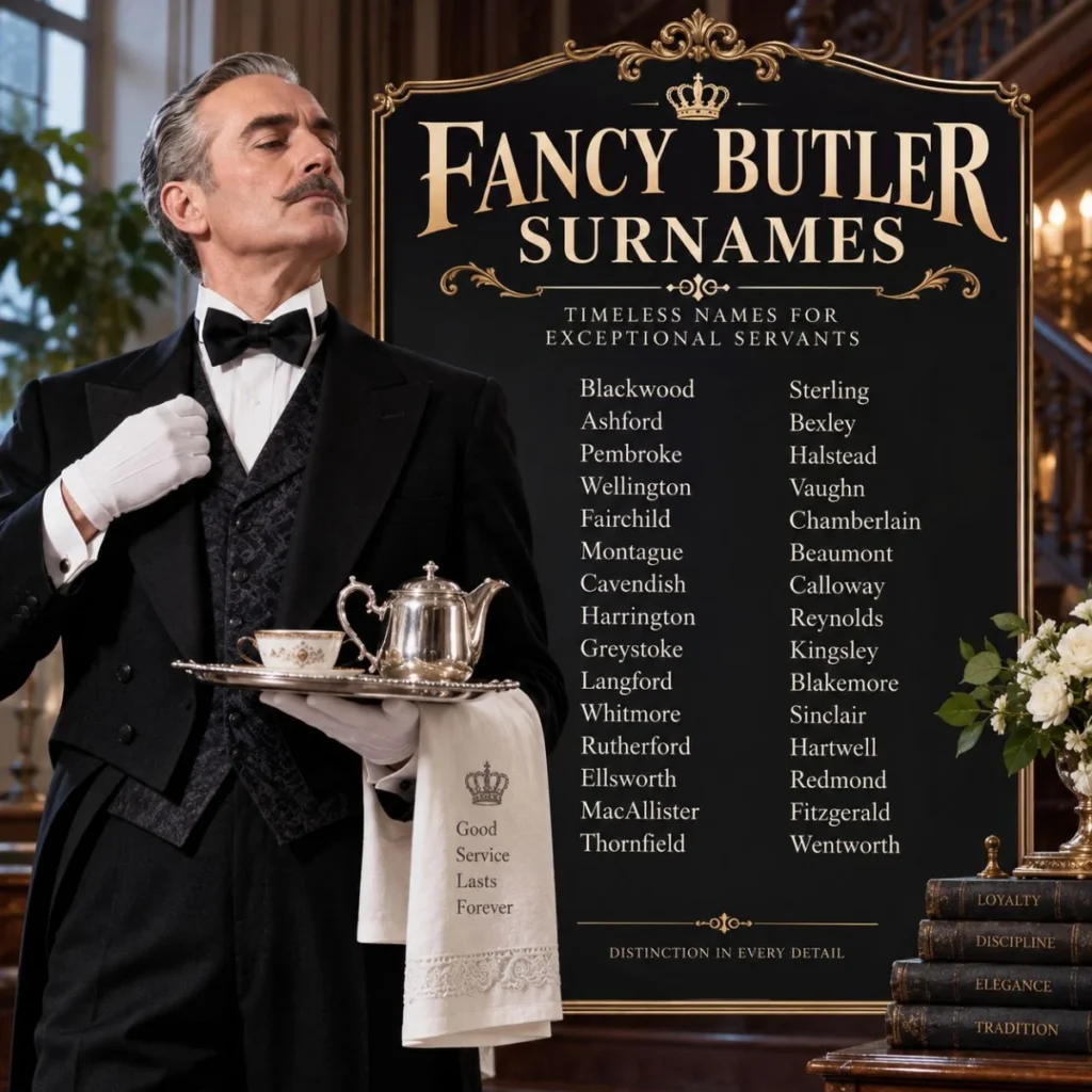 Elegant butler in formal attire with a list of fancy butler surnames in a luxury manor