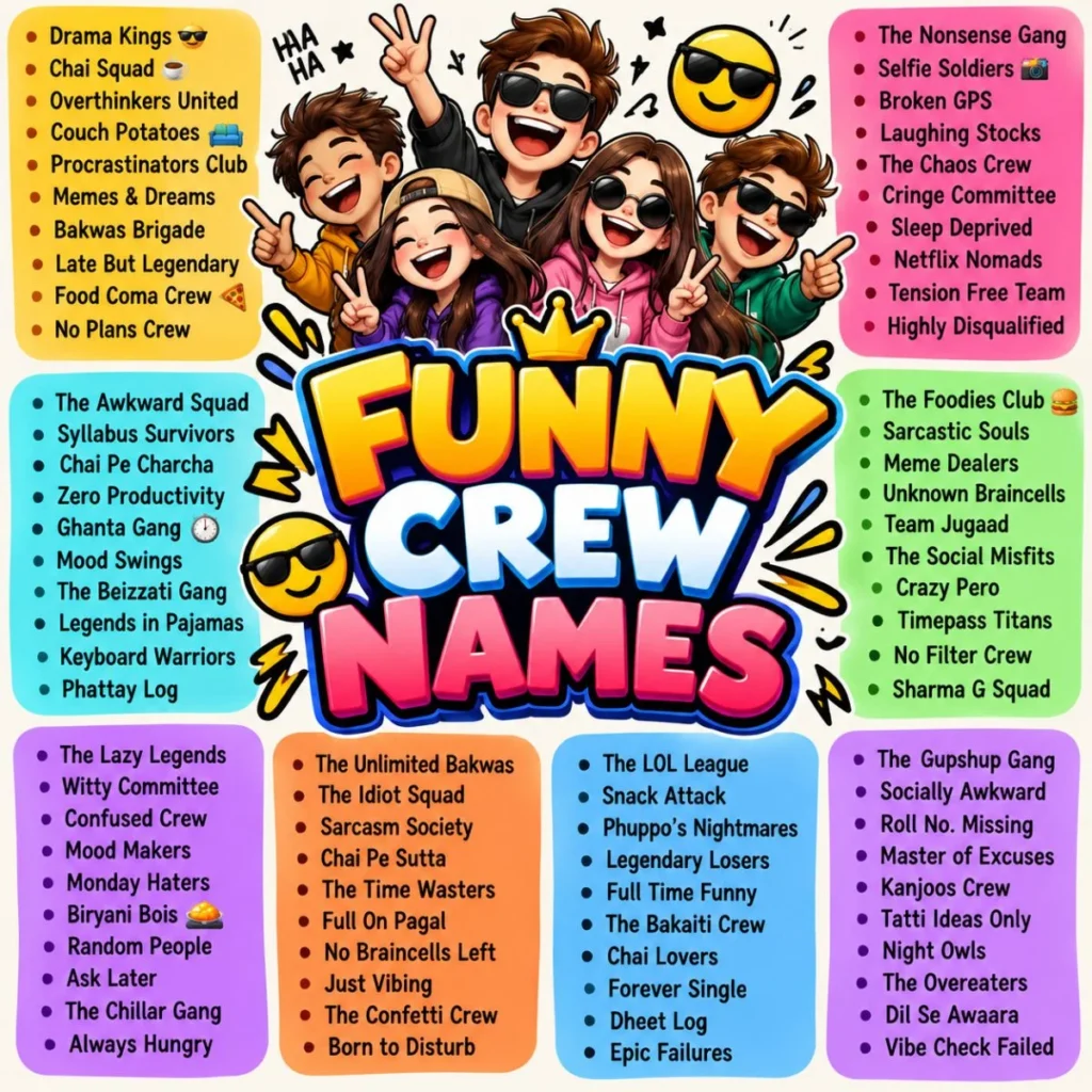 Funny crew names poster featuring colorful group names, friends, memes, and playful cartoon characters