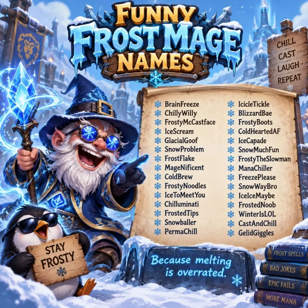 Funny Frost Mage Names featuring a cheerful ice wizard, snowy fantasy scene, and humorous magical name ideas.