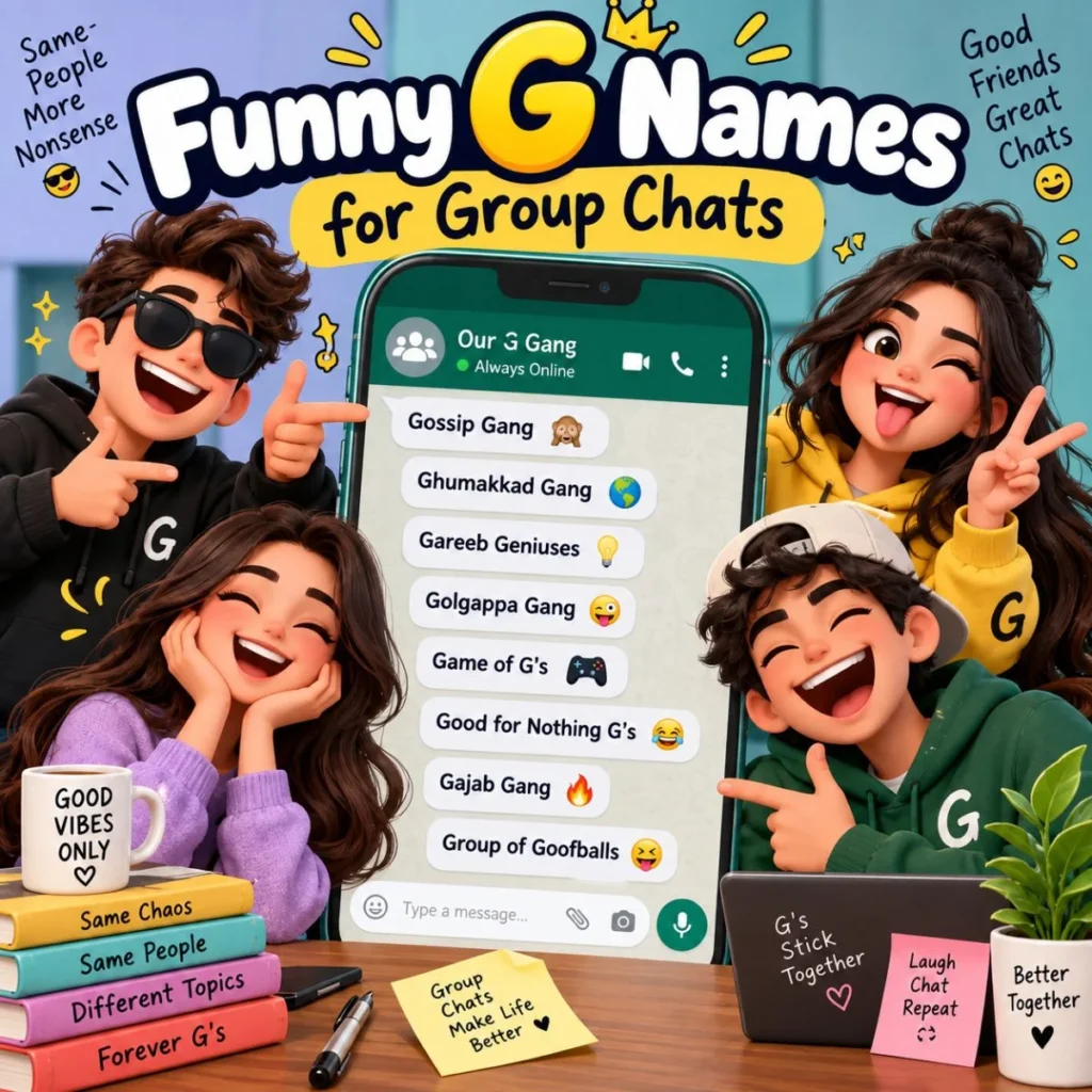 Funny G names for group chats with friends, including goofy and clever chat name ideas