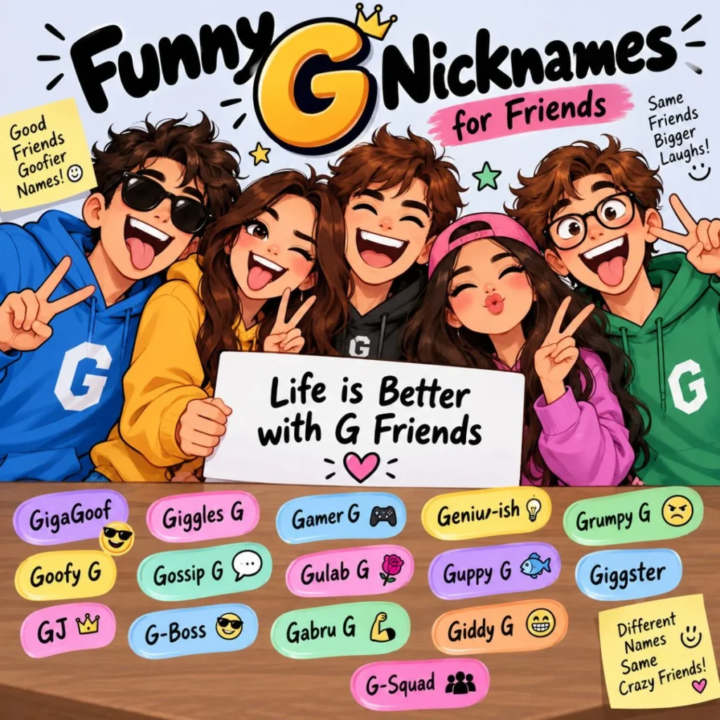Funny G nicknames for friends with colorful cartoon characters and playful name ideas