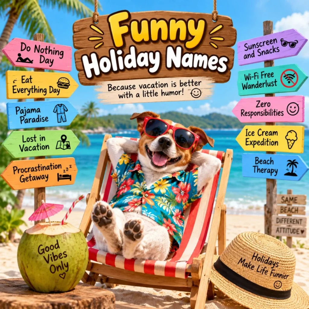 Best holiday name ideas displayed on a colorful travel sign with creative, funny, unique, and festive options