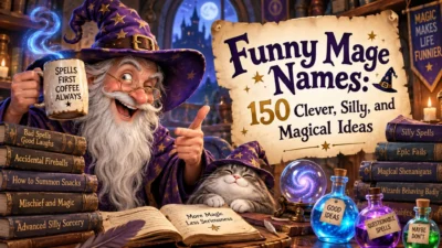 Funny mage names with a whimsical wizard, magical books, potions, and a playful fantasy setting