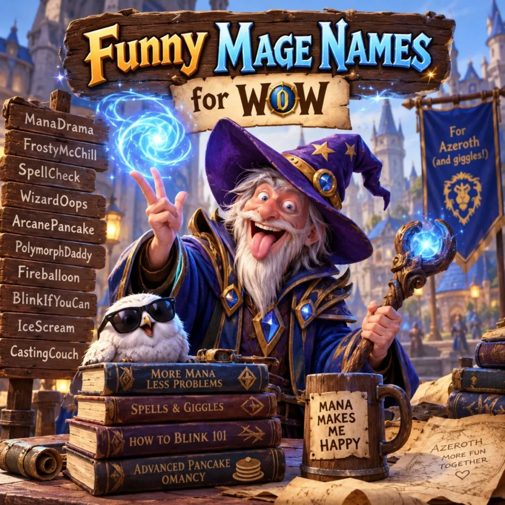 Funny Mage Names for WoW with a goofy wizard, magical spells, and playful fantasy name ideas