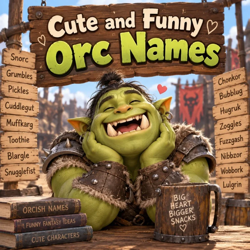 Cute and funny orc character with playful fantasy names on wooden signs