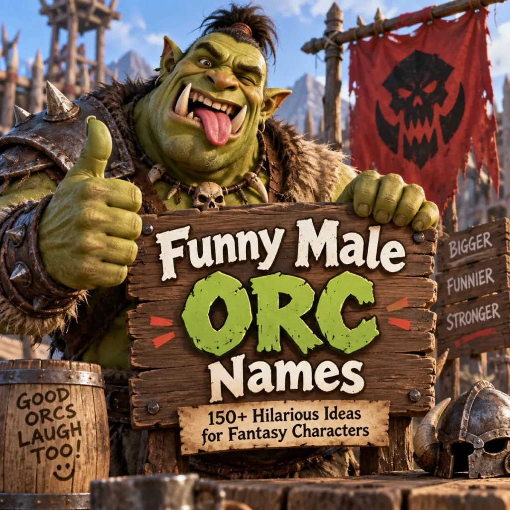 Funny male orc character grinning with a thumbs-up beside a wooden sign of funny orc names