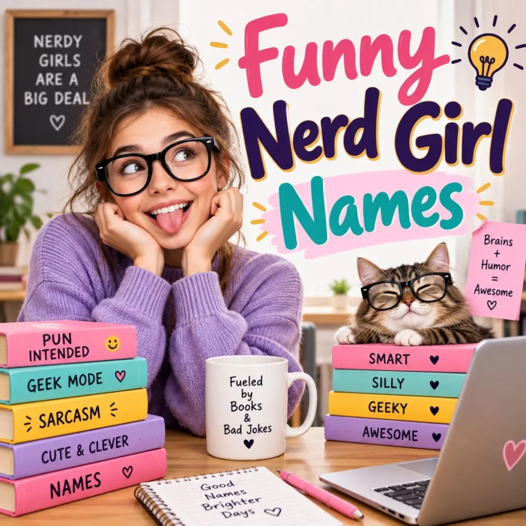 Funny nerd girl names with a playful geeky girl, books, glasses, and colorful study-themed elements