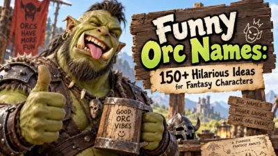 Funny orc names fantasy character with a goofy green orc holding a mug