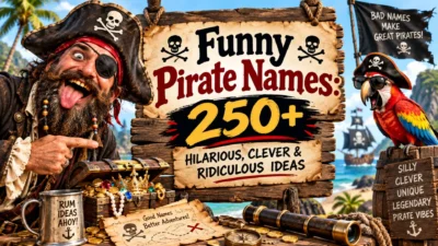 Funny pirate names sign with a goofy pirate, colorful parrot, treasure chest, and tropical ship scene