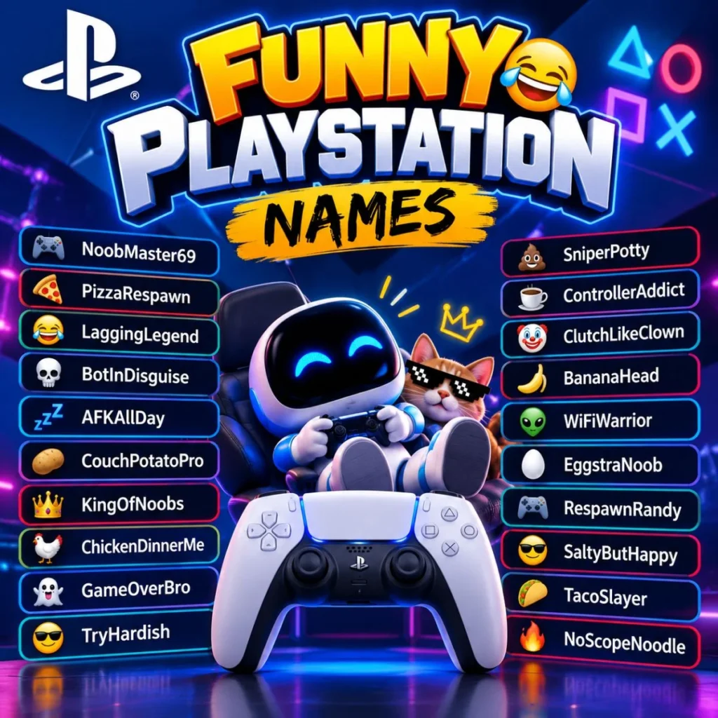 Funny PlayStation names with colorful gaming graphics, controller, and humorous PSN username ideas