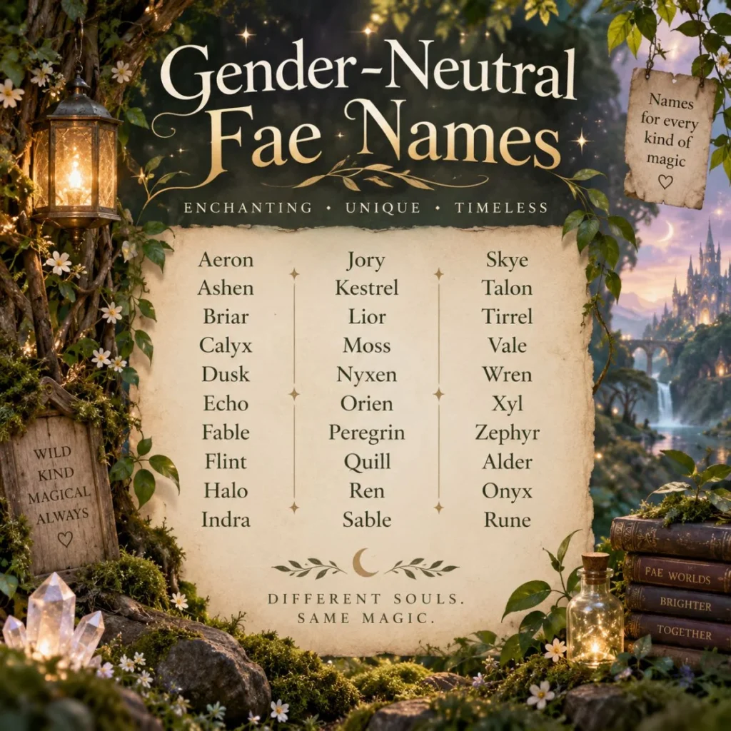 Gender-neutral fae names displayed on an enchanted fantasy parchment in a magical forest