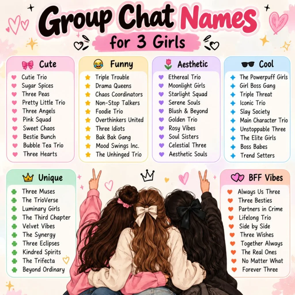 Group chat names for 3 girls with cute, funny, aesthetic, cool, and unique trio ideas
