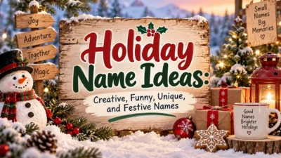 Holiday name ideas sign with snowy Christmas decorations, gifts, lantern, and snowman