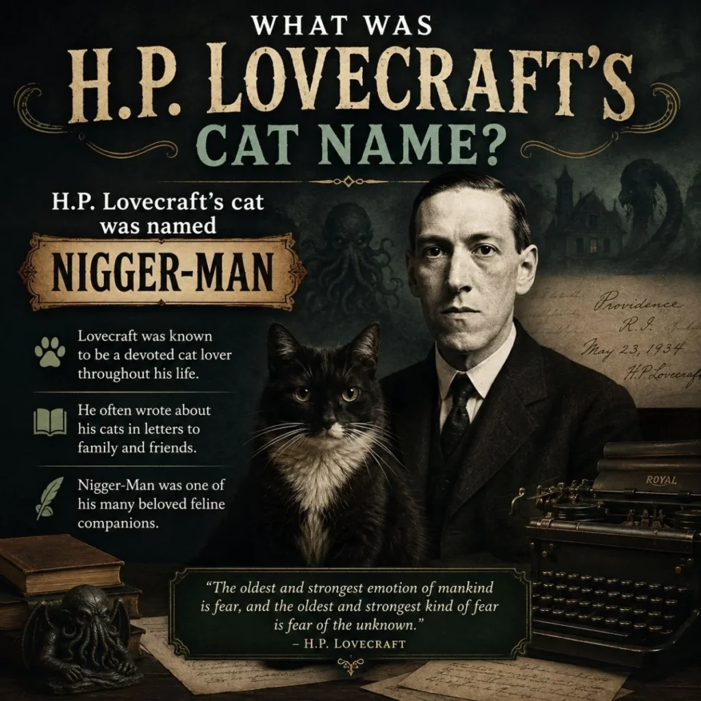H.P. Lovecraft with his cat in a vintage poster about the famous writer’s feline companion