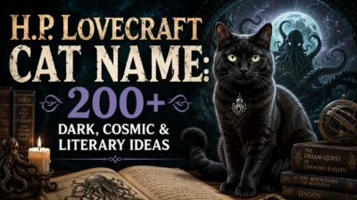 H.P. Lovecraft cat name ideas with a black cat, cosmic horror art, and gothic literary theme
