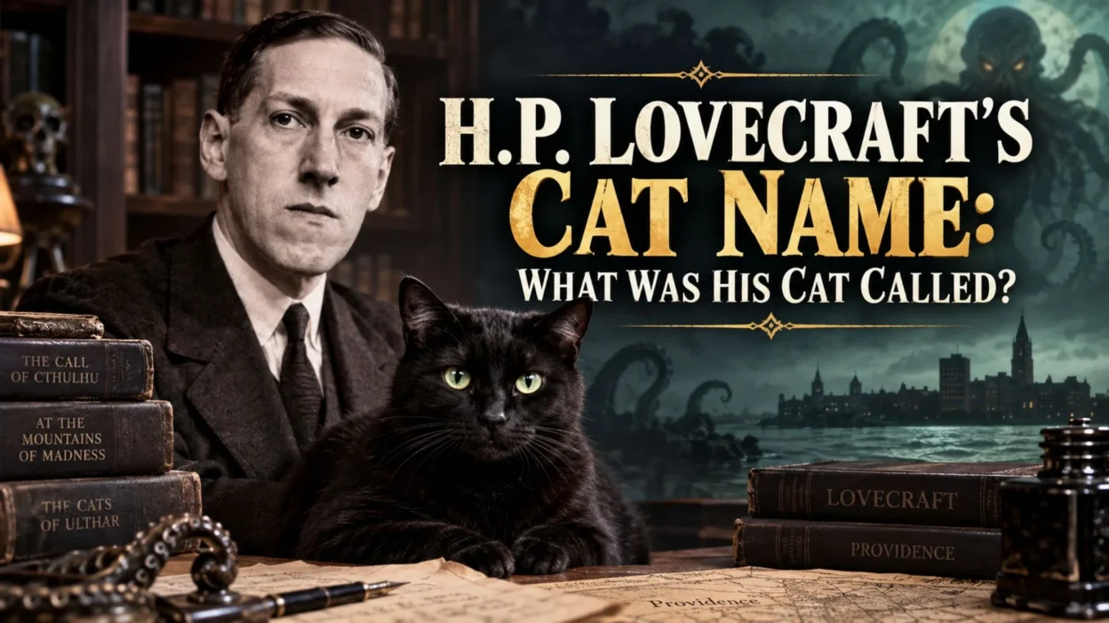 H.P. Lovecraft with a black cat illustrating his famous cat name and literary history