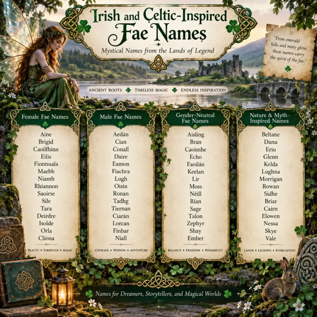 Irish and Celtic-inspired fae names displayed on a magical green fantasy poster