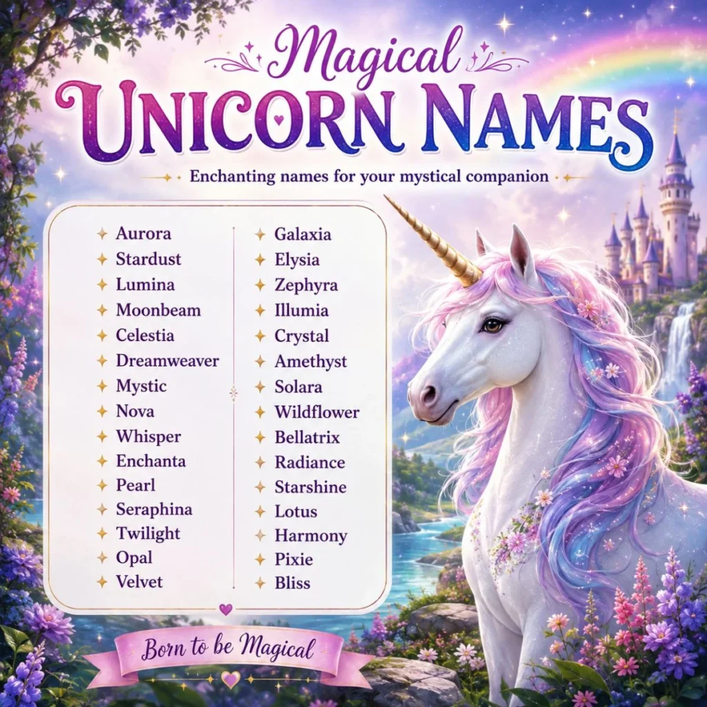 Magical unicorn names poster with a fantasy unicorn, rainbow, enchanted castle, and whimsical name ideas