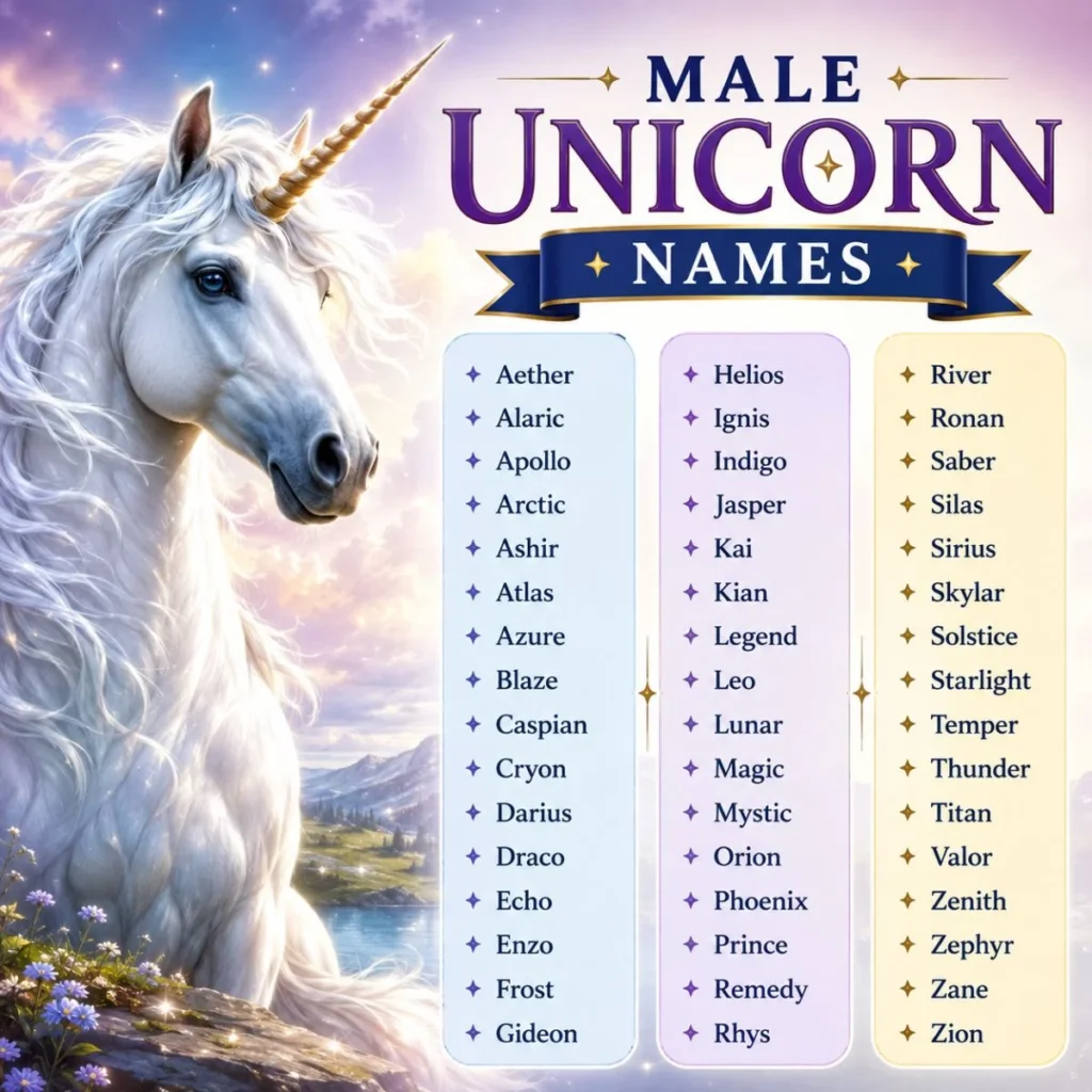 Male unicorn names displayed beside a magical white unicorn in a colorful fantasy landscape
