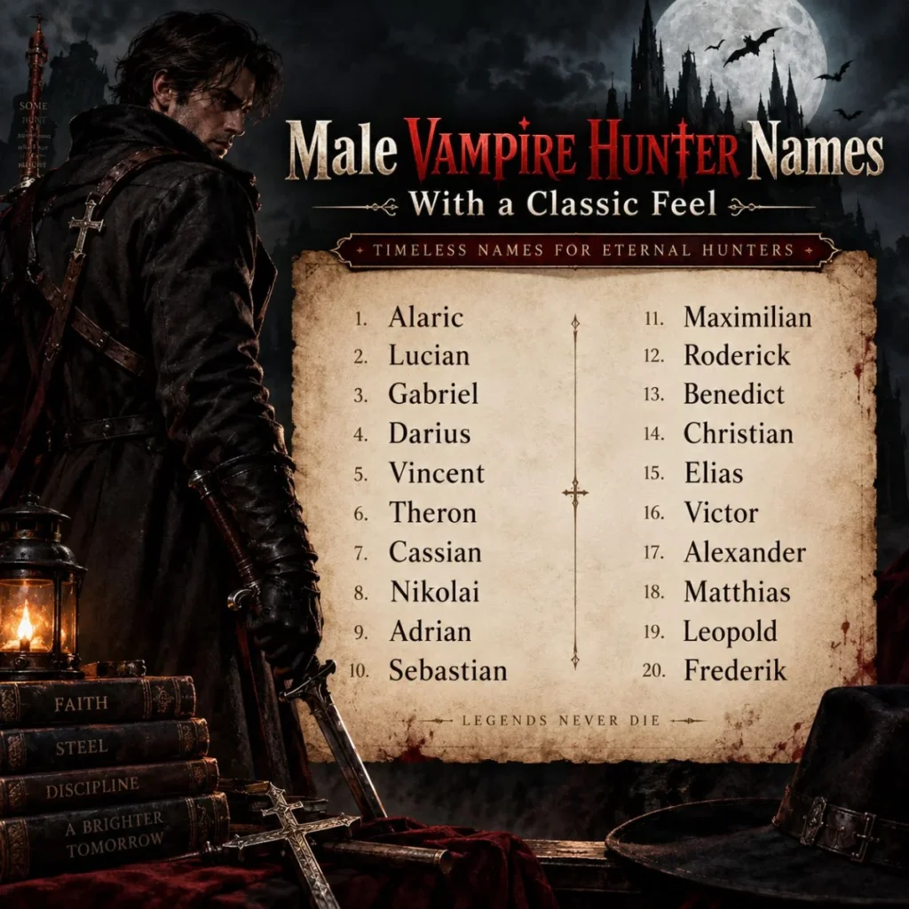 Male vampire hunter names with a classic gothic theme, featuring a mysterious hunter and timeless name list.