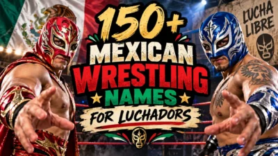 150+ Mexican wrestling names for luchadors with colorful masked wrestlers in a lucha libre arena