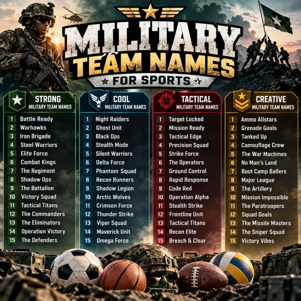 Military team names for sports with soldiers, tactical themes, and bold athletic poster design