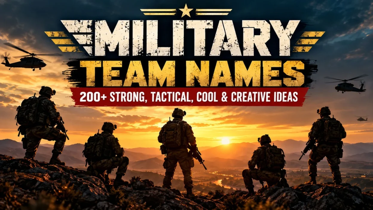 Military team names banner featuring tactical soldiers, helicopters, and 200+ strong and creative ideas