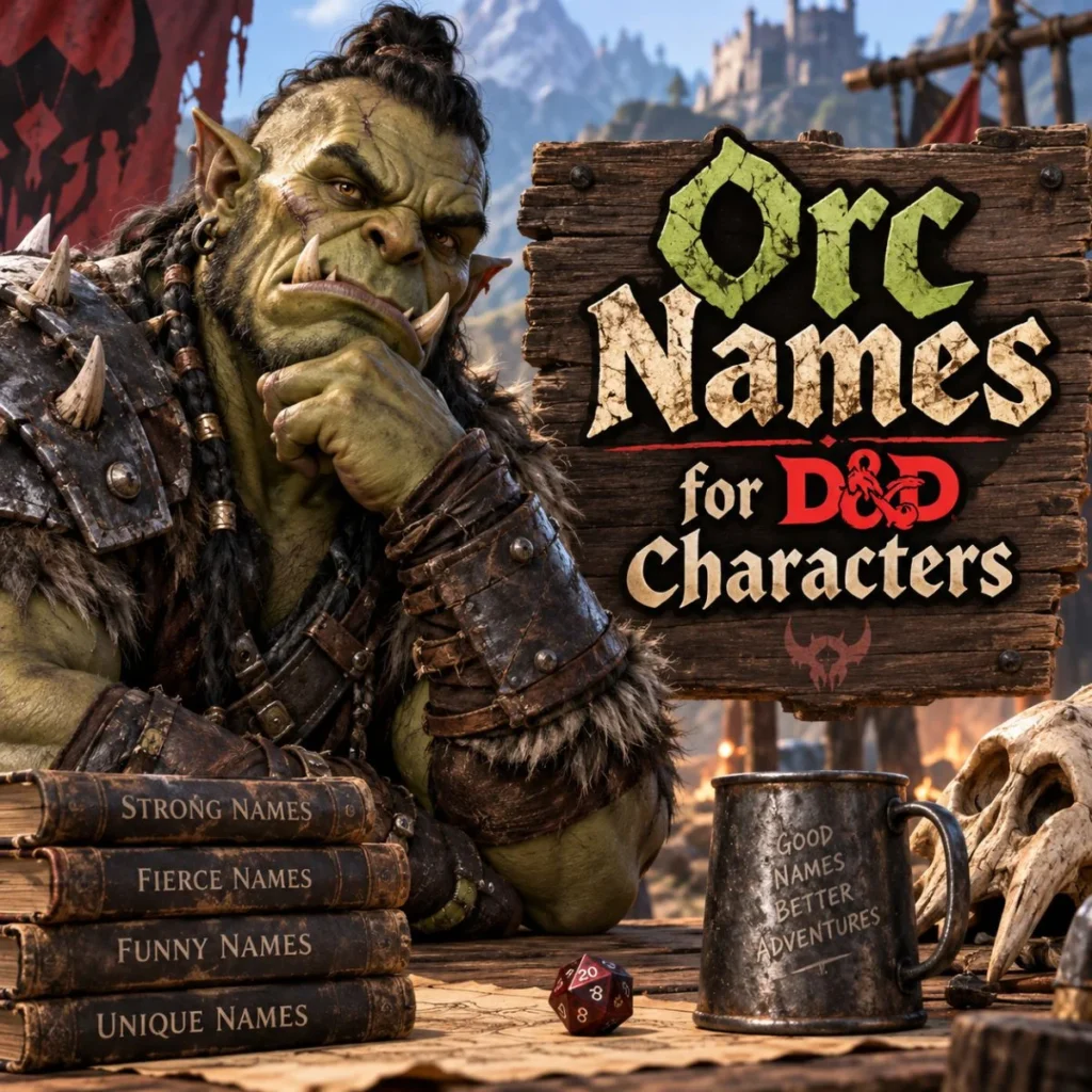 Orc warrior with D&D dice and fantasy books beside a sign reading Orc Names for D&D Characters