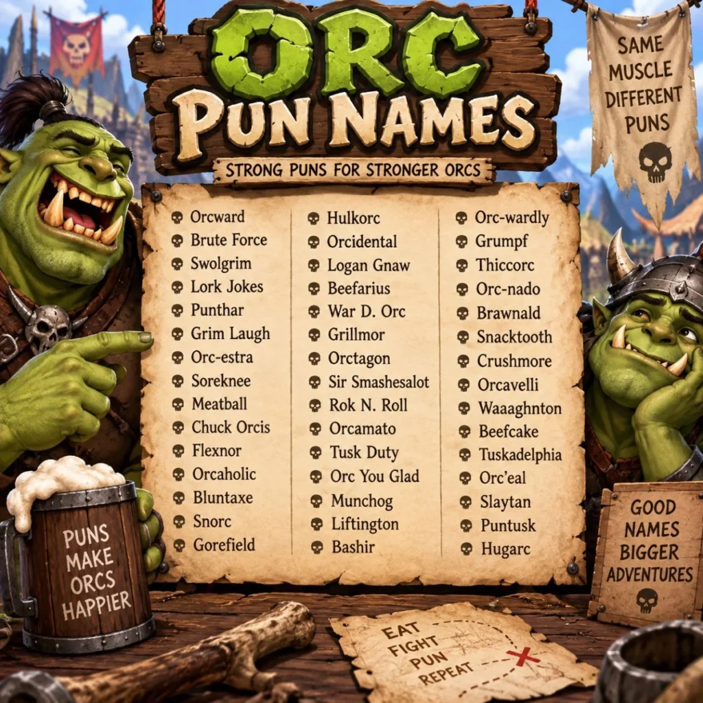 Funny orc pun names displayed on a fantasy parchment with two playful green orcs