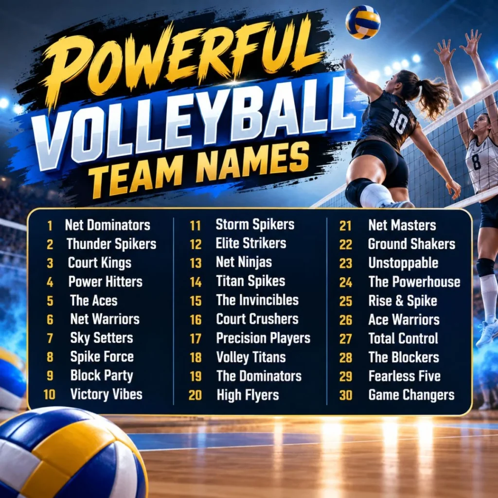 Powerful volleyball team names with athletes competing on an indoor volleyball court