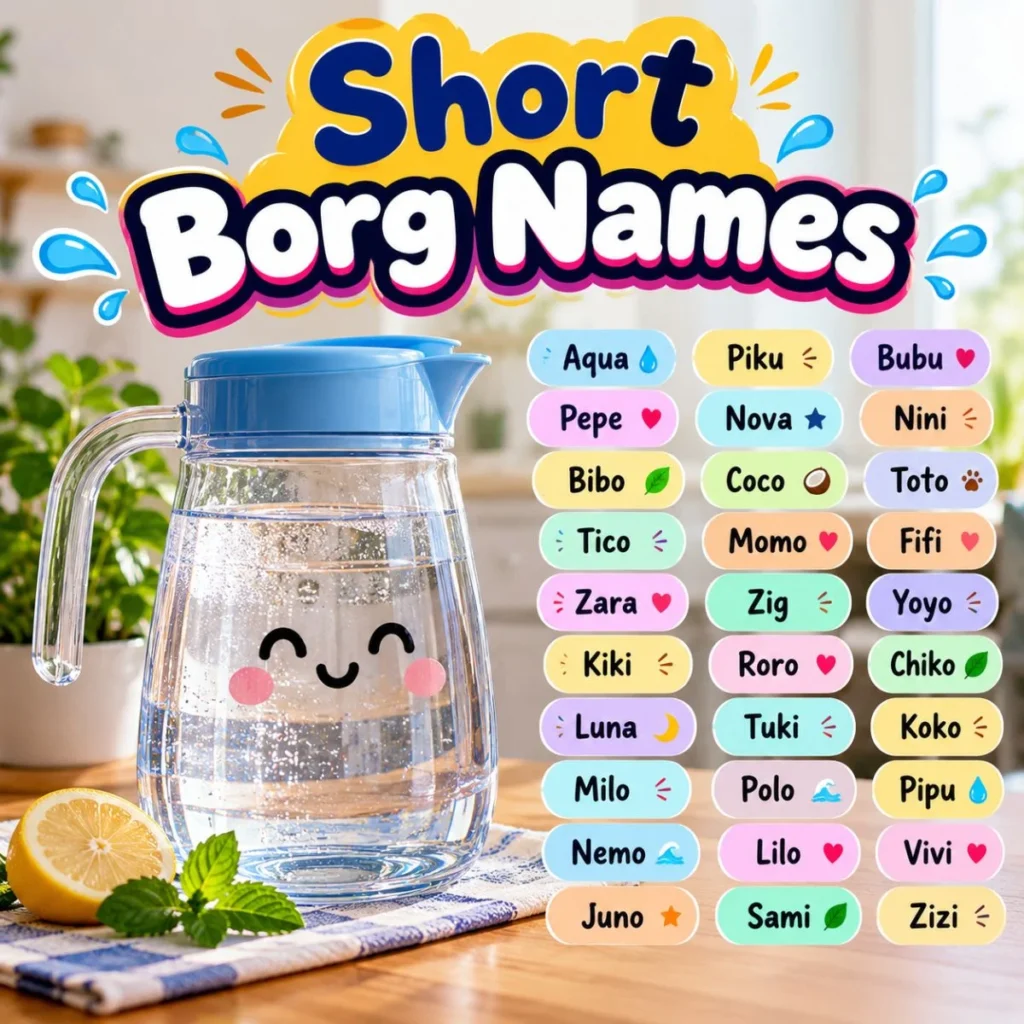 Short Borg names displayed beside a cute water jug with colorful name tags and playful icons.