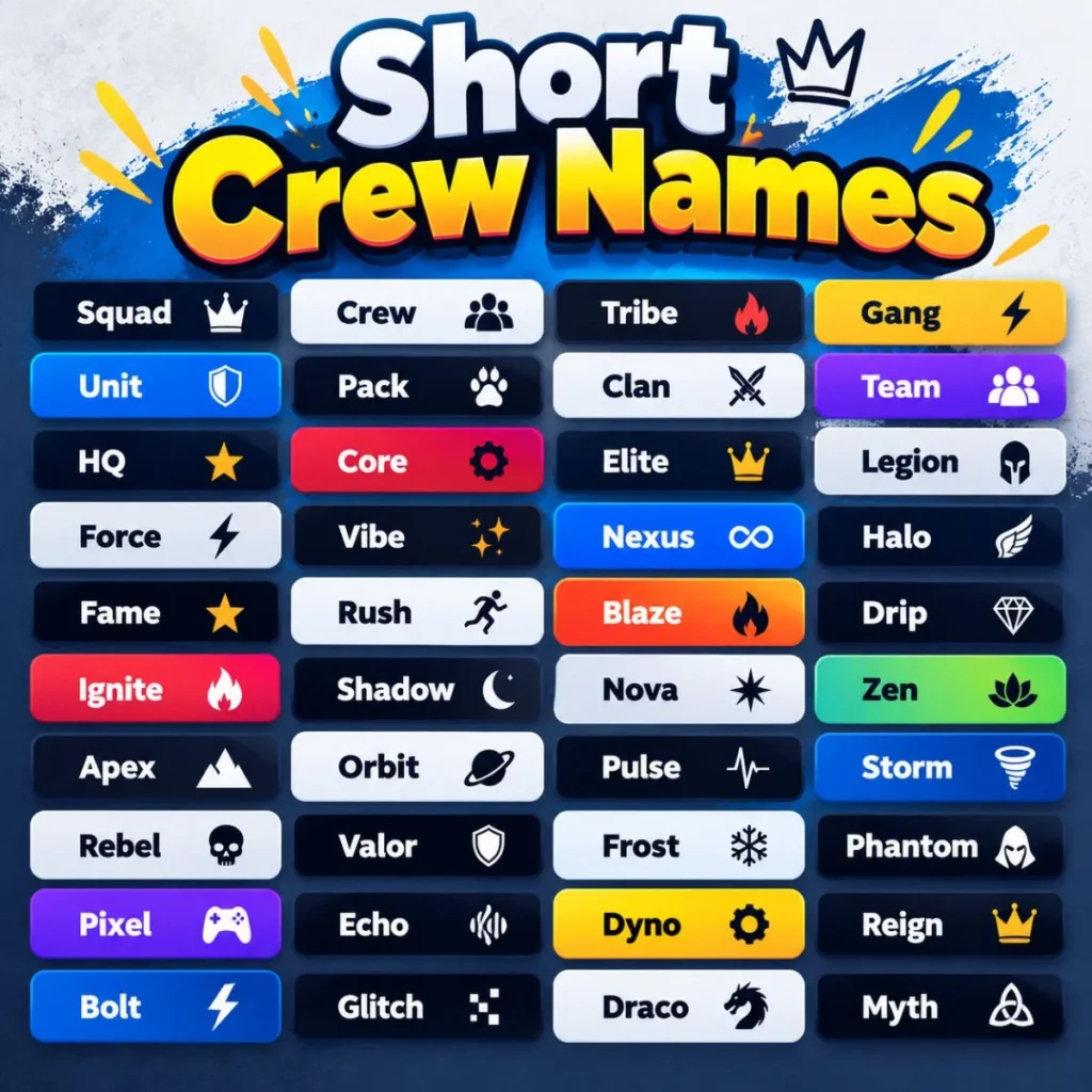 Short crew names displayed in a colorful infographic for friends, teams, gaming groups, and chats