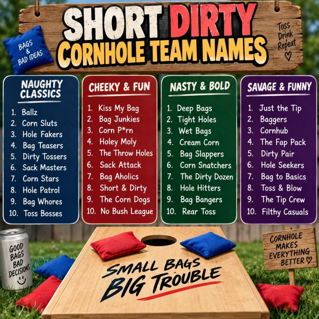 Short dirty cornhole team names displayed on a colorful backyard-themed infographic