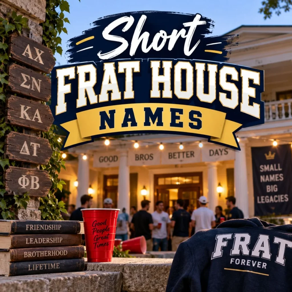 Short frat house names displayed on a college-themed fraternity party poster