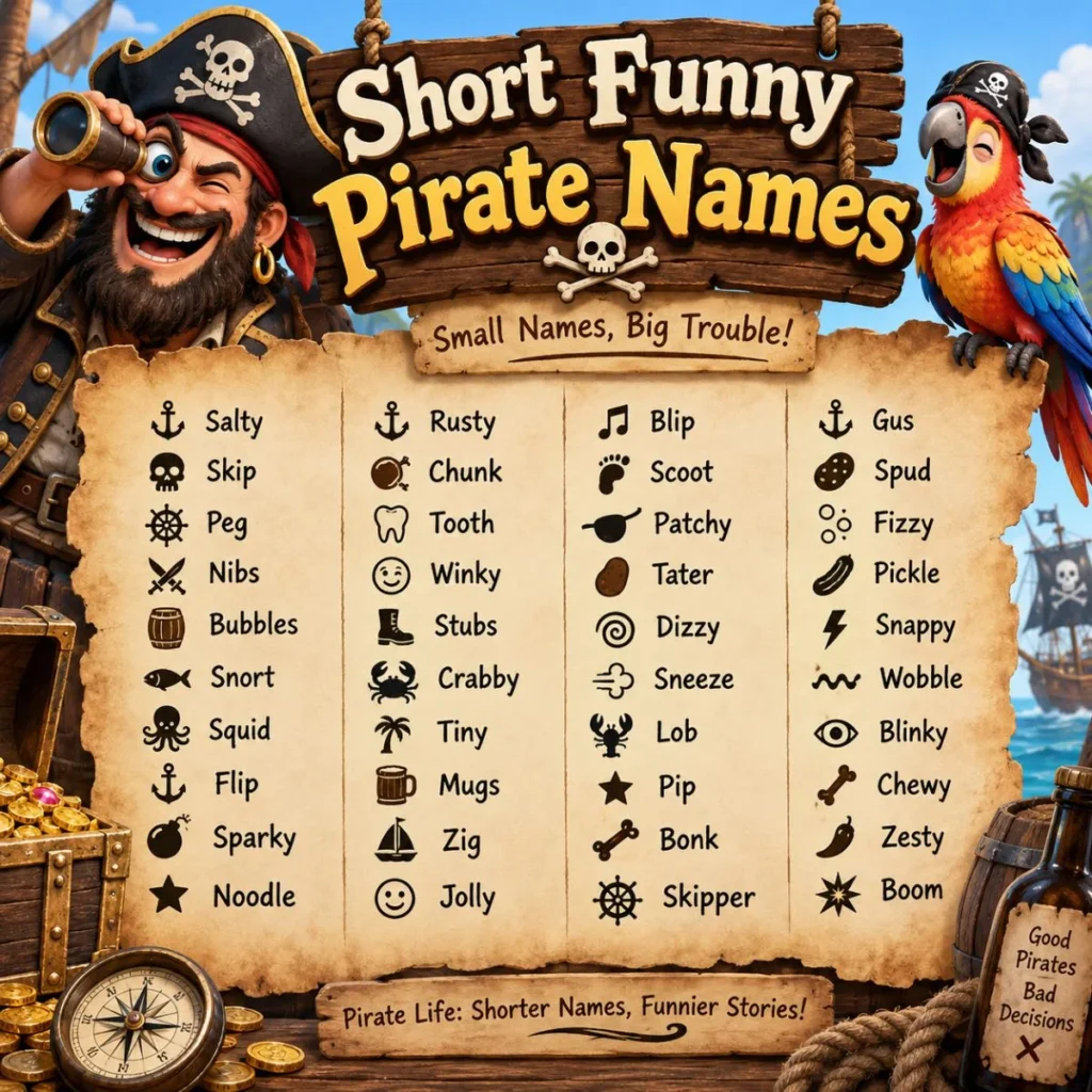 Short funny pirate names displayed on a vintage treasure map with a cartoon pirate and parrot.