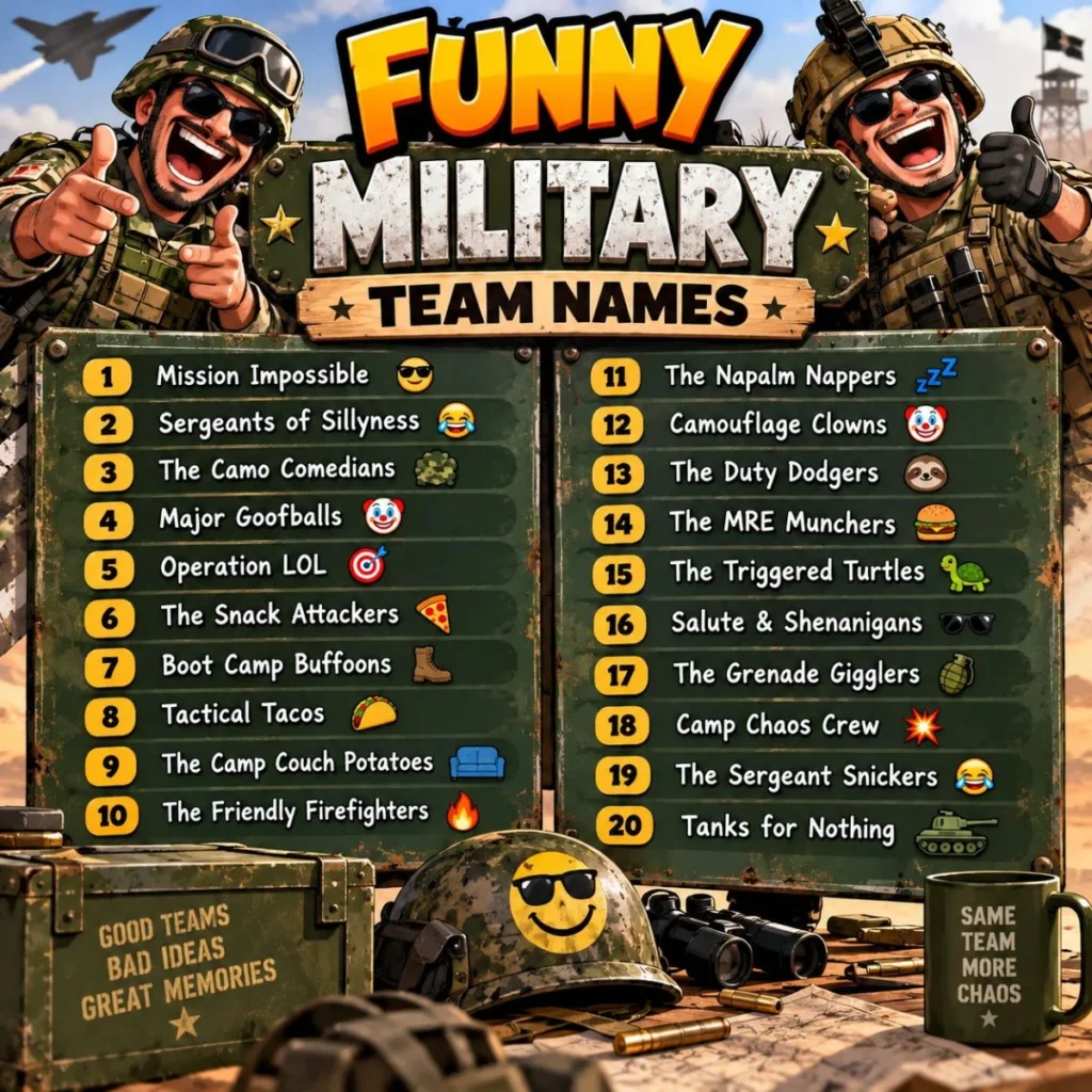 Funny military team names poster with humorous squad names and cartoon soldiers