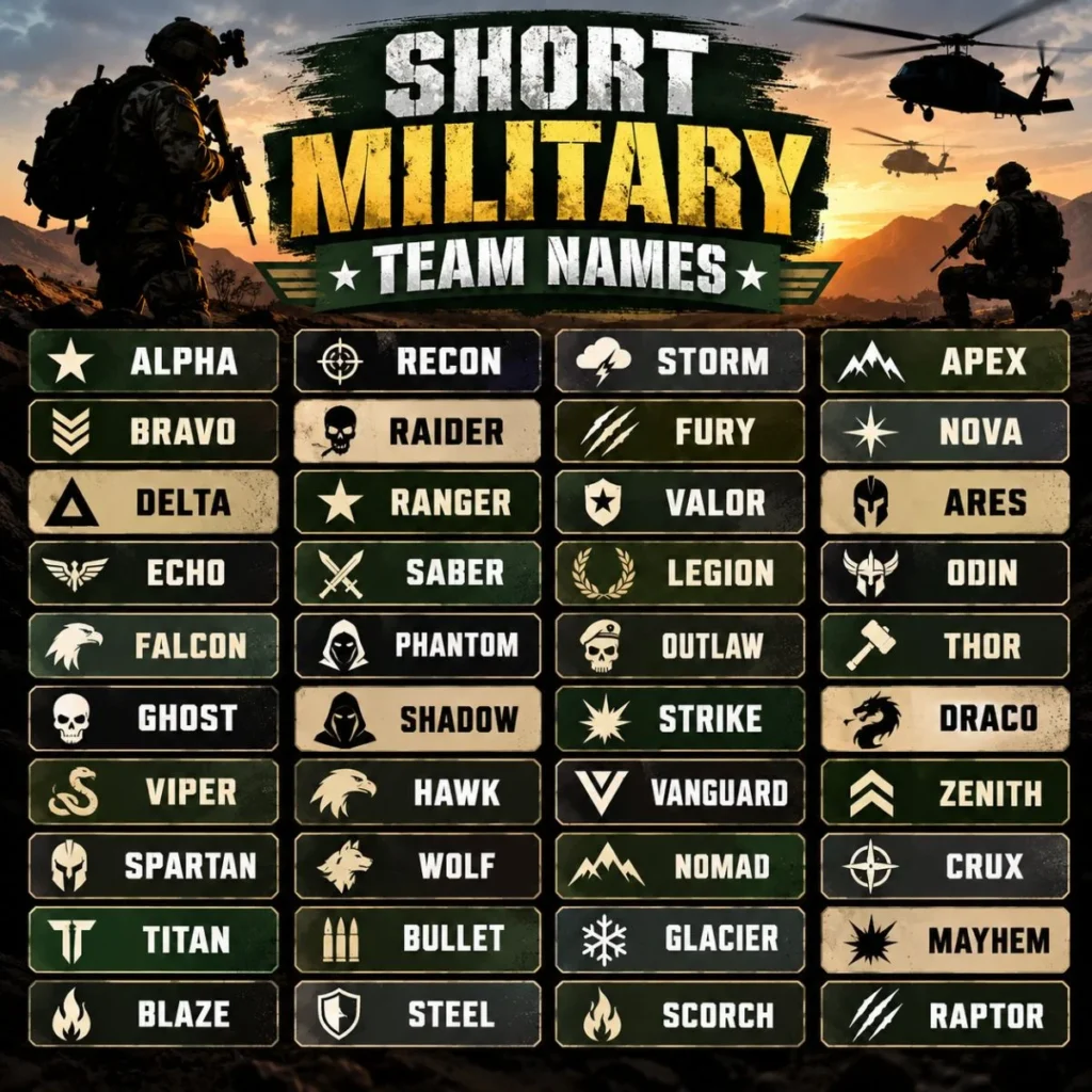 Short military team names with bold tactical badges and soldier silhouettes