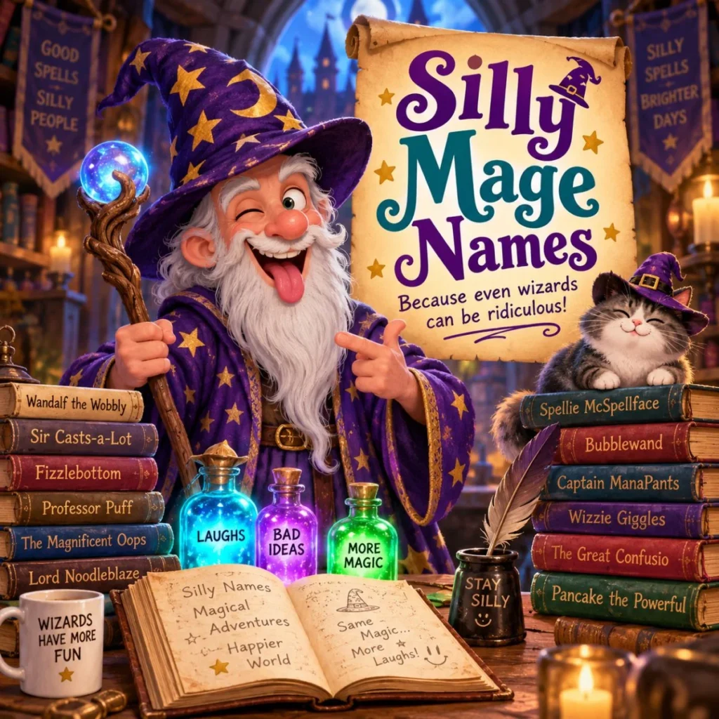 Funny wizard with a magical staff and cat surrounded by books, potions, and silly mage names
