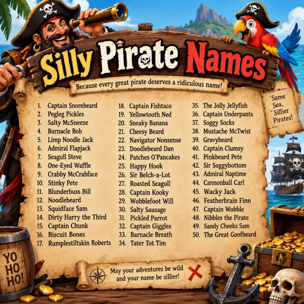 Silly pirate names poster featuring 50 funny pirate names with a cartoon pirate, parrot, ship, and treasure