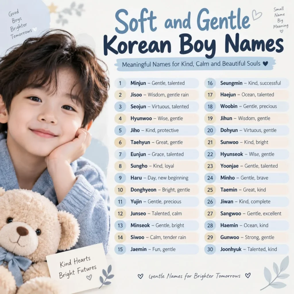 Soft and gentle Korean boy names with meaningful ideas for kind, calm, and beautiful personalities